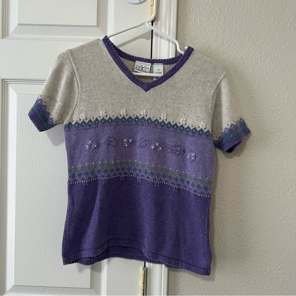 Villager Sport Vintage Purple Floral Knit Short Sleeve Sweater Top Petite M